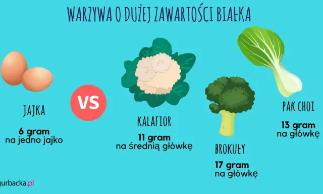 Warzywa o dużej zawartości białka: jajka (6g/jajko), kalafior (11g/główkę), brokuły (17g/główkę) i pak choi (13g/główkę).