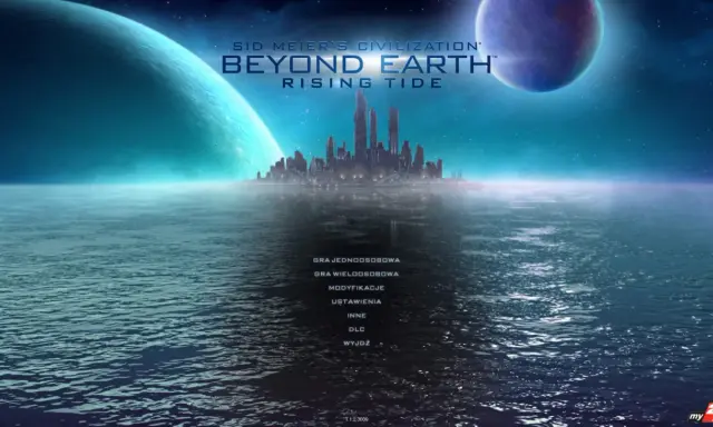 Widok na futurystyczne miasto na wodzie pod dwoma obcymi planetami. Odkryj nowe światy w grze **Beyond Earth**.