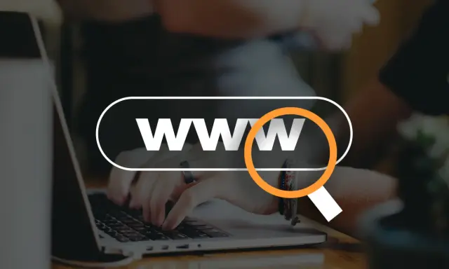 Dłonie piszące na laptopie, z lupą nad napisem "WWW".