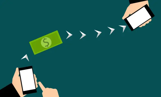 Ilustración que muestra cómo se hace una transferencia bancaria: un billete de dólar se mueve de un teléfono a otro, indicando el proceso.