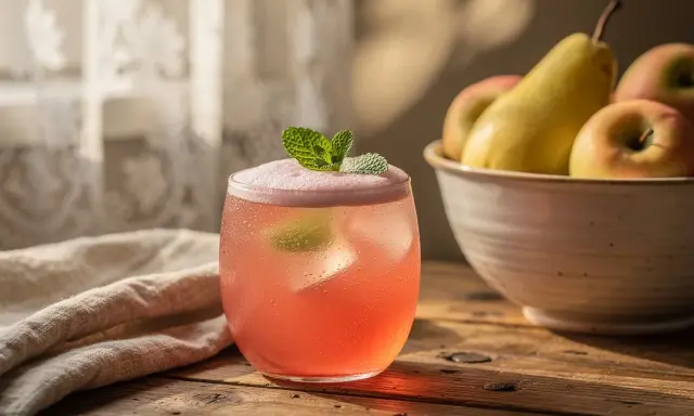Verre de boisson rose pétillante, garni de menthe. Un bol de fruits et un tissu sont en arrière-plan. Délicieux eau de rhubarbe.