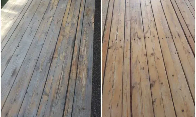 Comparaison avant/après : le bois grisâtre et usé retrouve sa couleur naturelle grâce à l'acide oxalique.
