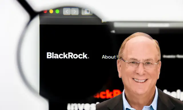 Uśmiechnięty mężczyzna w okularach, obok logo BlackRock. Larry Fink, jeden z założycieli BlackRock, na tle strony internetowej firmy.
