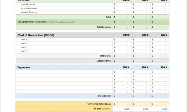 Modèle de compte de résultat annuel pour petites entreprises. Il permet de mettre à profit les données financières pour analyser les revenus, les coûts et les dépenses.