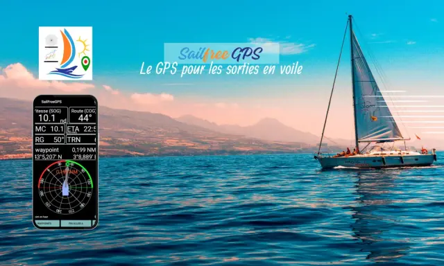 Application GPS bateau SailFreeGPS affichant vitesse, route et waypoints. Un voilier navigue sur une mer bleue, montagnes en arrière-plan.