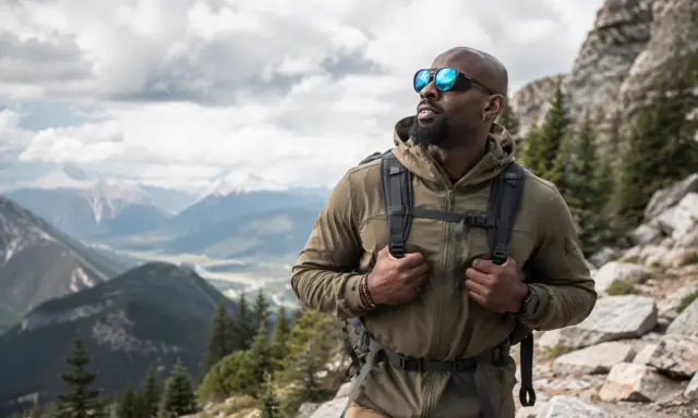 Uomo con zaino e occhiali da sole fa escursioni in montagna, godendosi il panorama mozzafiato.
