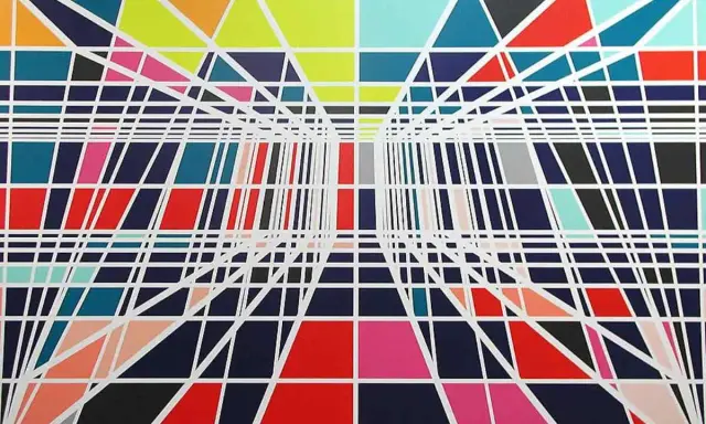 Abstract geometric artwork with a sense of depth, featuring colorful triangles and rectangles. This is a vibrant example of pattern.