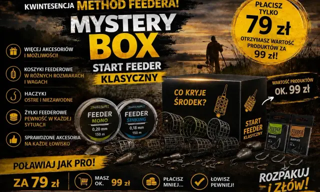 Mystery Box z akcesoriami do metody feeder. Zestaw startowy feeder klasyczny zawiera koszyki, haczyki, żyłki. Kup za 79 zł, wartość 99 zł.