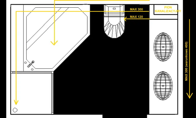 Schemat łazienki z wanną, WC i umywalkami. Określono maksymalną odległość WC od pionu kanalizacyjnego: 120 mm.