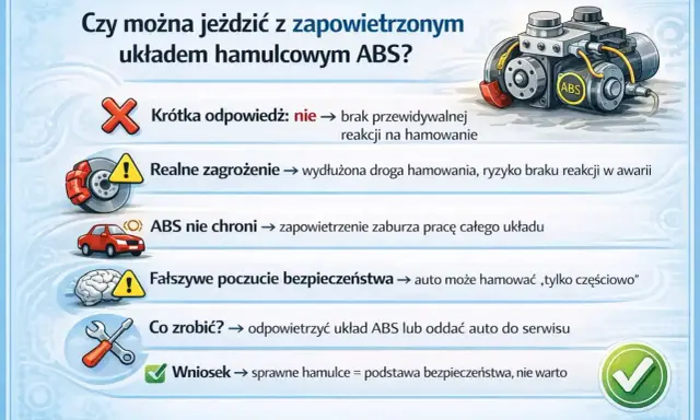 Zapowietrzony ABS? Nie jeździj! To wydłuża drogę hamowania i grozi brakiem reakcji. ABS co to? System bezpieczeństwa, który nie działa przy zapowietrzeniu. Napraw auto!