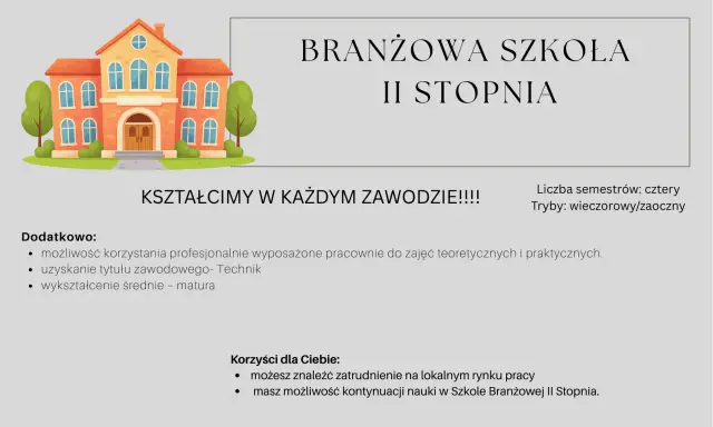 Szkoła Branżowa II Stopnia kształci w zawodach, oferując praktyczne pracownie i możliwość zdobycia tytułu technika.