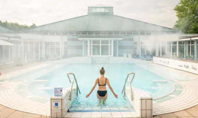 Frau im Bikini steht im warmen Wasser des Badesees OWL. Dampf steigt auf.