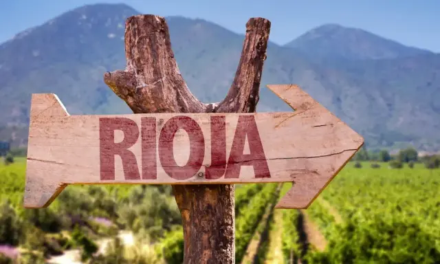 Flecha de madera rústica indica "RIOJA" hacia un paisaje de viñedos, evocando el encanto del medoc alavés.