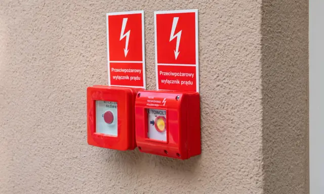 Dwa czerwone przyciski awaryjne z tabliczkami "Przeciwpożarowy wyłącznik prądu". Przepisy bezpieczeństwa wymagają ich stosowania.