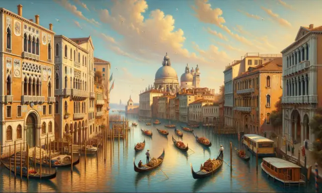 Venise, un paysage de rêve à la Canaletto, avec ses canaux, ses gondoles et ses palais dorés sous un ciel nuageux.