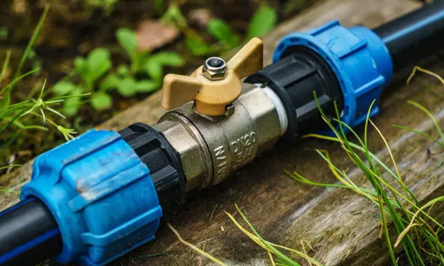 Metalowy zawór z żółtą rączką, połączony z rurami PE. Instalacja wodna w ziemi, gotowa do użytku.