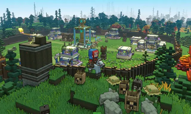 Postać na koniu przemierza wioskę w grze Minecraft Legends, otoczoną lasem i budynkami.