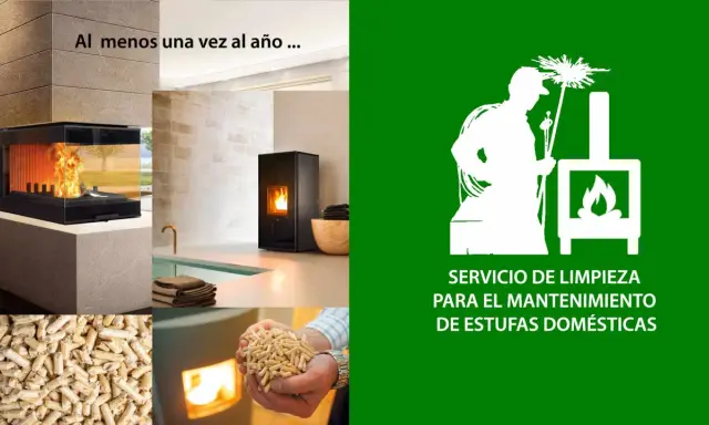 Servicio de limpieza para el mantenimiento de estufas domésticas. Imágenes de estufas de pellets y pellets.