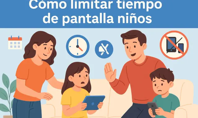 Familia en un sofá con iconos de calendario, reloj, silencio y prohibición de pantallas.