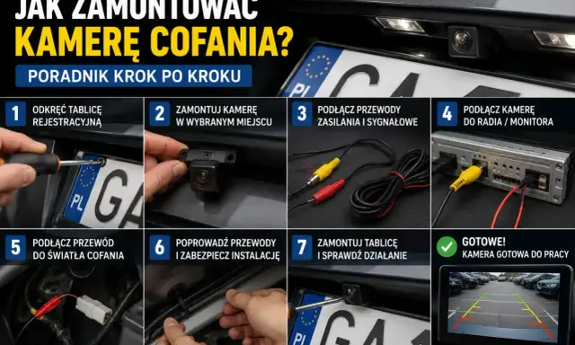 Instrukcja montażu kamery cofania na tylnej szybie: odkręcanie tablicy, mocowanie kamery, podłączanie przewodów zasilania i sygnału do radia/monitora, podłączenie do światła cofania, prowadzenie przewodów i sprawdzenie działania.