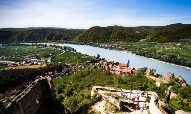 Widok na malowniczą dolinę Wachau z ruinami zamku, rzeką Dunaj i winnicami.