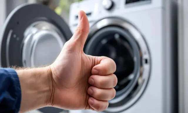 Pouce levé devant une machine à laver ouverte, signe que l'arrivée d'eau est parfaite pour le prochain lavage.