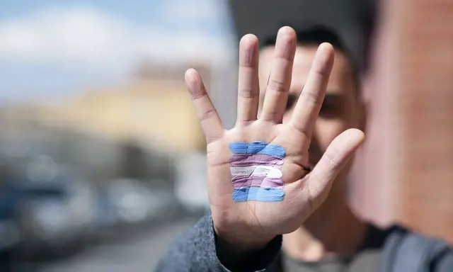 Dłoń z namalowaną flagą osób transpłciowych. To symbol wsparcia dla tych, którzy identyfikują się jako kto to transwestyta.