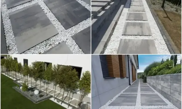 Nowoczesna opaska wokół domu z płyt betonowych i białego żwiru tworzy eleganckie ścieżki i akcenty w ogrodzie.