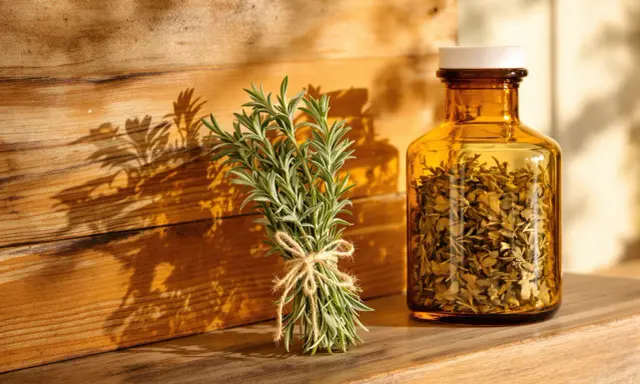 Un bouquet de romarin frais et une fiole ambrée remplie de feuilles séchées, évoquant le bienfait romarin pour la santé et le bien-être.