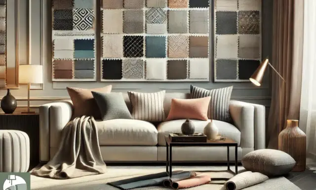 Tessuti per divano in esposizione, con campioni di texture e colori che ispirano il design d'interni.