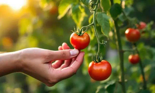 Main d'une personne cueillant une tomate mûre sur une branche. La question "faut il arroser les tomates tous les jours" flotte dans l'air.