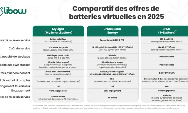 Comparatif des offres de batteries virtuelles en 2025. Le stockage virtuel de panneaux solaires offre différentes options de capacité et de coût.