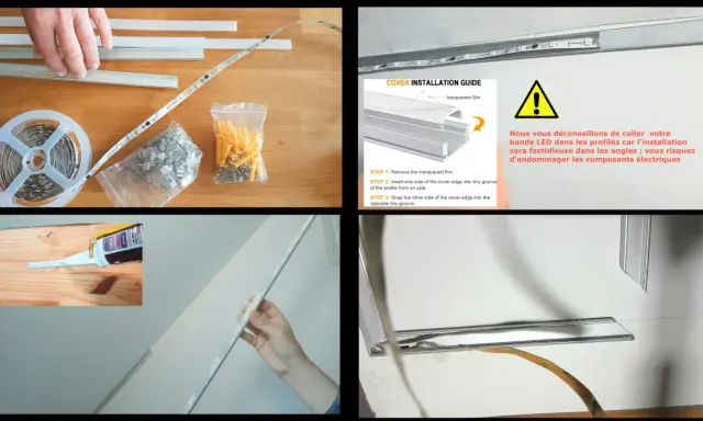 Guide pour comment installer un ruban led : profilés, bande LED, clips, vis et chevilles. Instructions pour clipser le cache.