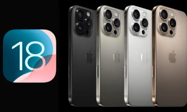 Ikony z numerem 18 i cztery iPhone'y w różnych kolorach: czarnym, szarym, srebrnym i złotym. Nadchodzi iOS 18.