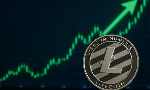 Moneta Litecoin na tle wykresu wzrostowego. Zielona strzałka w górę sugeruje optymistyczne litecoin prognozy.