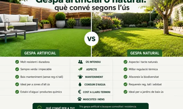 Comparativa de cesped artificial o natural, mostrando sus ventajas y desventajas para diferentes usos.