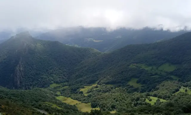 Majestuosas montañas cubiertas de bosque verde se elevan hacia un cielo nublado en el **valle de Liébana**.