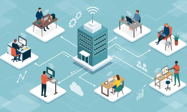 Illustration d'un bureau central connecté à plusieurs employés en télétravail. Le nombre de jours maximum de télétravail dans le secteur privé est représenté par ce réseau.