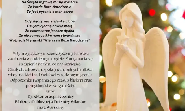 Aniołek z gwiazdką na tle choinki. Piękne wiersze na Boże Narodzenie od Biblioteki Publicznej w Dzielnicy Wilanów.