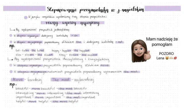 Stopniowanie przymiotników w j. angielskim: easy, easier, the easiest. Wyjaśnienie stopniowania przymiotników jednosylabowych i wielosylabowych.