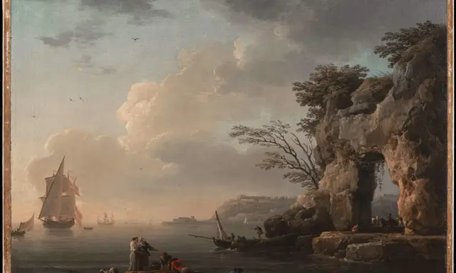 Ein romantisches landschaftsbild kunst mit Segelschiffen, Felsen und Menschen am Ufer.
