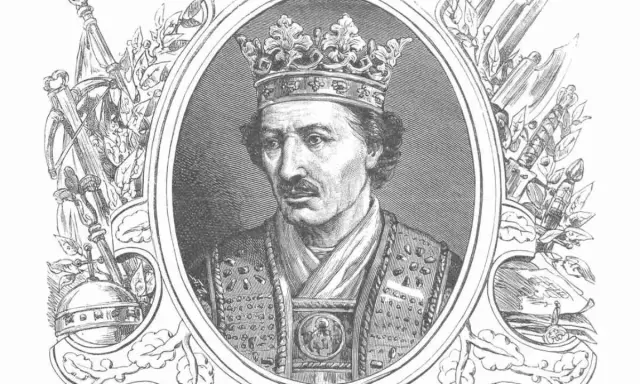Portret Władysława II Jagiełły w koronie i bogatym stroju, otoczony symbolami władzy i zwycięstwa.