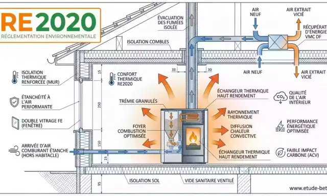 Schéma du poêle à granulé fonctionnement : alimentation, combustion, diffusion de chaleur, évacuation des fumées et récupération d'énergie.