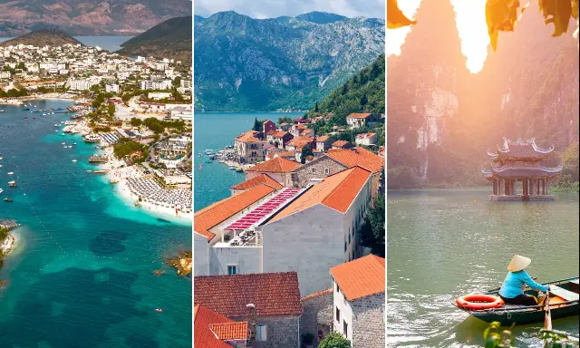 Trzy widoki: albańska plaża, chorwackie miasteczko nad zatoką, wietnamska świątynia na wodzie. Idealne miejsca na wakacje.