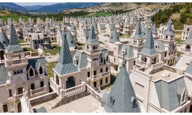 Un villaggio di case a forma di castello, Burj Al Babas, con tetti a punta grigi e facciate bianche, immerso in un paesaggio collinare.