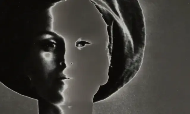 Volto femminile in profilo, un'icona di stile di Lillian Bassman, con un gioco di luci e ombre che ne esalta la misteriosa bellezza.