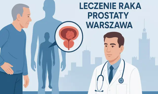 Lekarz omawia z pacjentem rokowania dotyczące nieoperacyjnego raka prostaty. W tle sylwetki mężczyzn i schemat prostaty.