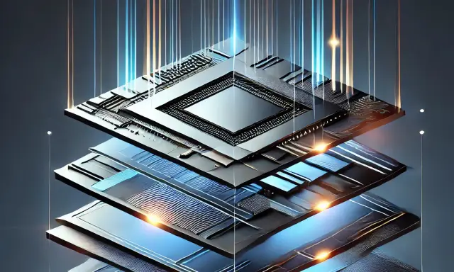Strati di un sensore CMOS con circuiti complessi e fasci di luce che salgono, simboleggiando l'elaborazione dati.