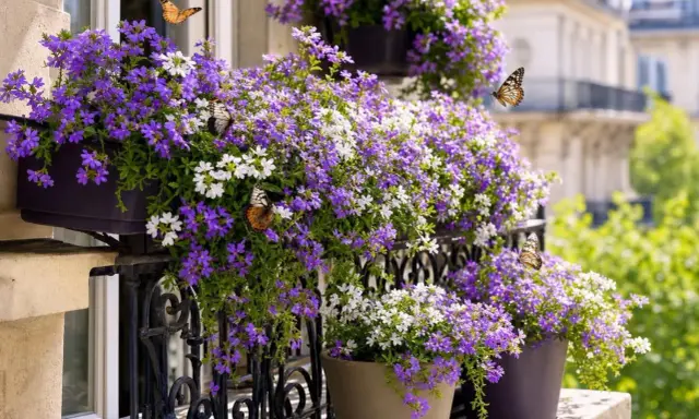Des papillons butinent des lilas en pot sur un balcon parisien.
