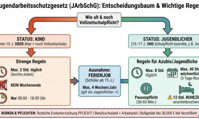 Entscheidungsbaum zum Jugendarbeitsschutzgesetz: Regeln für Schüler, die während der Schulzeit arbeiten, je nach Alter und Schulpflicht.